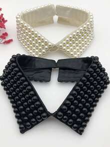 1pc Women's Beige & Black Handmade Pearl Embellished Detachable Collar, Versatile Wear For Stage Performance,Festival,Travel,Disco,Graduation Outfit - Beige - View 2