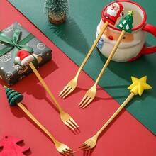 14pcs Christmas Doll Dessert Fork Spoon Set Christmas Tree Coffee Spoon, Fruit Fork Cartoon Santa Claus Christmas Gifts Suitable For Holiday Gatherings, Holiday Parties, Family Dinners, Etc. Smooth Washed, Reusable