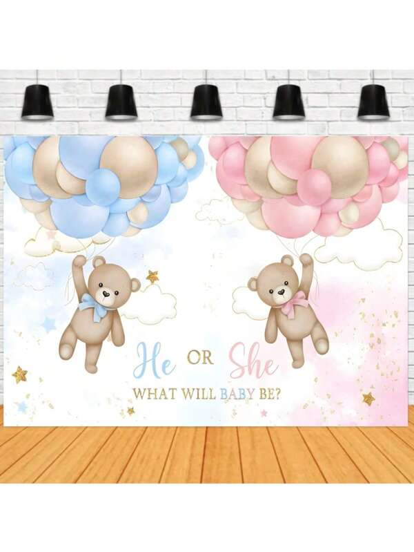 Gender Reveal Backdrop, Boy Or Girl, Family Party Photography Background, Blue Or Pink Bear Balloon Banner Prop