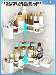 1pc No Drill Double Layer Bathroom Shelf, Bathroom Cosmetics & Toiletries Storage Rack, Kitchen Storage Rack, Living Room & Study Wall Mounted Storage Rack, No Trace Adhesive Design, High Quality Metal Material - Multicolor - View 4