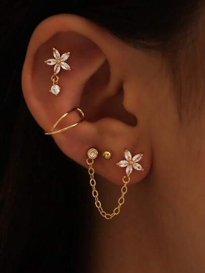 Set da 4 pezzi di eleganti orecchini a forma di fiore color oro con catena, delicati ed accessori per le orecchie, ideali per l'uso quotidiano, appuntamenti, feste e festival musicali