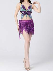 Women's Short Tops With Shiny Sequins Embellished Irregular Butterfly Look Sleeveless Camisole Vest - 紫色 - 查看 4