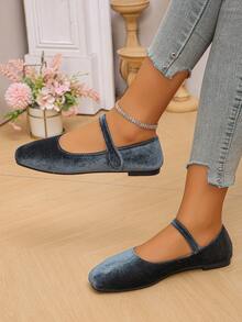 Giày bệt mũi vuông da lộn Cross-Border cỡ lớn EU 35-43, màu be thời trang cho mùa xuân và mùa thu, giày bệt màu xanh lá cây mặc hàng ngày có khóa thích hợp cho trang phục, múa ba lê - Nhung xanh đậm - Xem 6