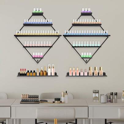 Espositore per smalto a cinque strati a forma di diamante, set da quattro pezzi - Espositore per smalto in metallo nero da parete, semplici mensole sospese da parete, espositore combinato per oli essenziali e profumi, per salone di bellezza