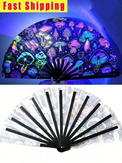1pc Unisex Luminous Large Folding Fan, Cool Bamboo Ribs Folding Fan, Halloween Decor, Fluorescent Colorful Butterfly & Mushroom Pattern Folding Fan, Kung Fu Fan, High-Quality Fabric Summer Essential Fan, Large Folding Hand Fan, Suitable For Stage Performance, Party, Dance, Also A Great Gift For Holidays And Birthdays, Spring Summer Picks, Brides Maid Gifts, Room, Bedroom Decor, Bedroom Decor, Beach, Travel, For Men, For Women, Vacation,Cute Stuff,Mother's Day Gift,Bedroom Decor,Garden,Kitchen Decor,Summer,Beach,Travel Essentials,Room Decor,Squishy,Graduation