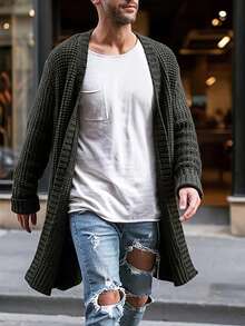 Men's Casual Loose Solid Color V-Neck Long Sleeve Ribbed Knit Cardigan Sweater, Versatile Outerwear For Autumn/Winter