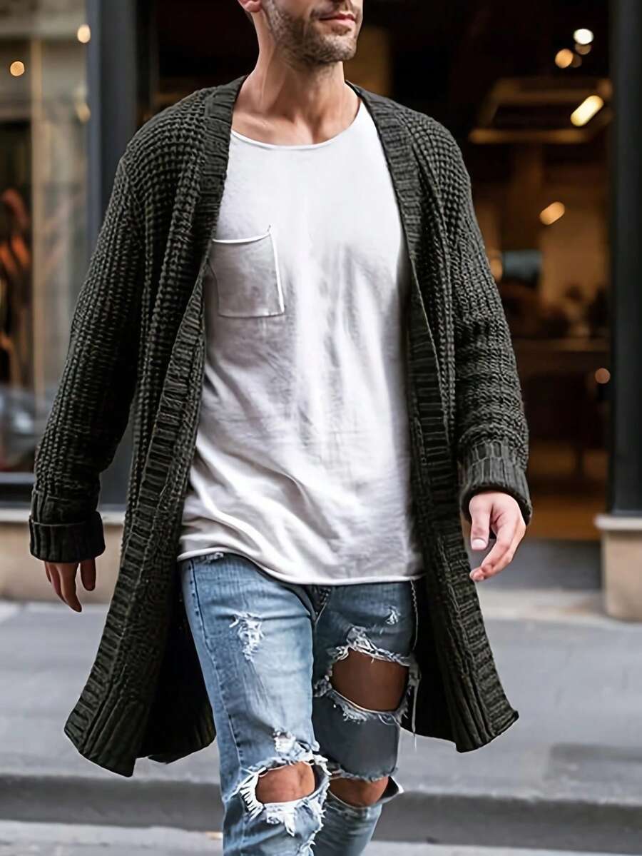 Men's Casual Loose Solid Color V-Neck Long Sleeve Ribbed Knit Cardigan Sweater, Versatile Outerwear For Autumn/Winter