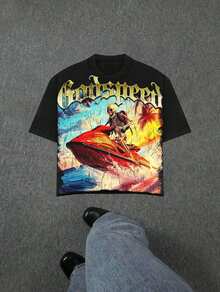 Kuku Boy Multiple Skulls Printed (180g Pure Cotton T-Shirt) Cotton T-Shirt - Soft And Breathable, 100% Pure Cotton Fabric - Comfortable And Energetic Summer Street Style Short Sleeved T-Shirt, Cool Design Retro Summer Men's Daily Wear T-Shirt - 黑色-1 - 查看 1