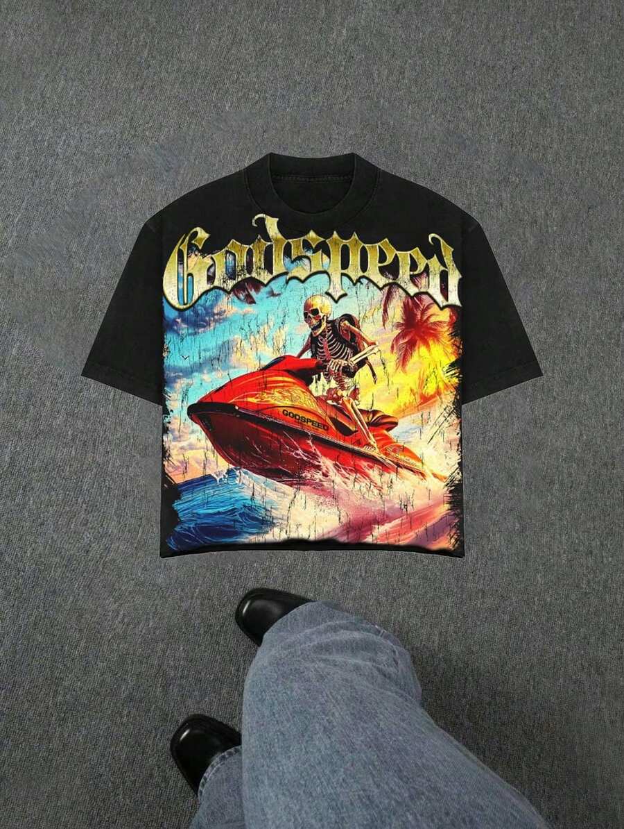 Kuku Boy Multiple Skulls Printed (180g Pure Cotton T-Shirt) Cotton T-Shirt - Soft And Breathable, 100% Pure Cotton Fabric - Comfortable And Energetic Summer Street Style Short Sleeved T-Shirt, Cool Design Retro Summer Men's Daily Wear T-Shirt - 黑色-1 - 查看 1