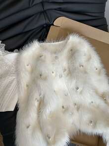 Women's Knitted Cardigan, Elegant Cashmere Blend Solid Color Ribbed Pearl Decor, Everyday Wear, Autumn/Winter