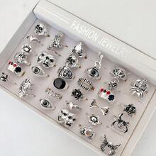 20pcs/Set Vintage Punk Skull & Snake Ring Set, Unisex Gothic Animal Spider Party Jewelry - 20 Mixed Silver Ring Sets - View 3