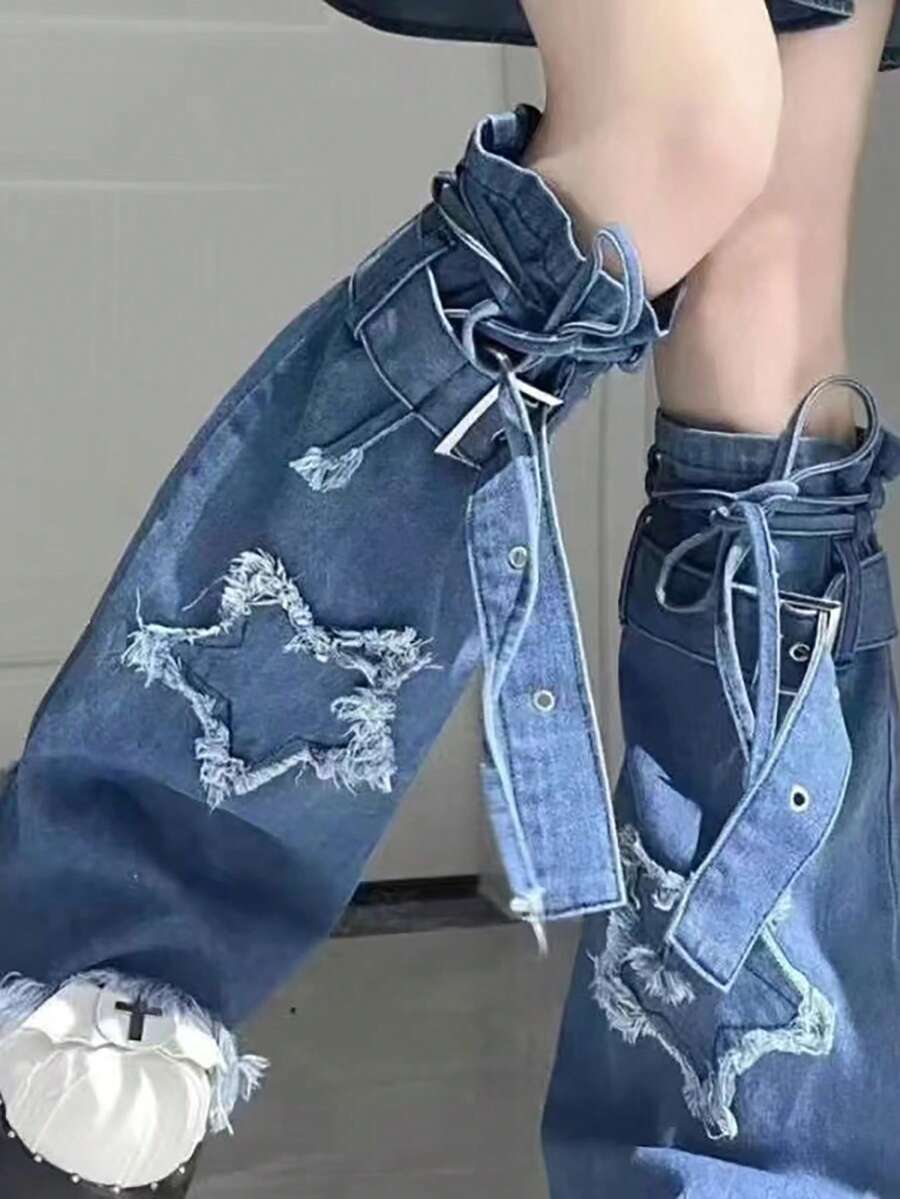 1双Y2K日系风格腿套，灰色修身过膝腿套，抽绳设计，喇叭形裤腿，女士秋季配饰，圣诞礼物 - 藍色星星牛仔 - 查看 1