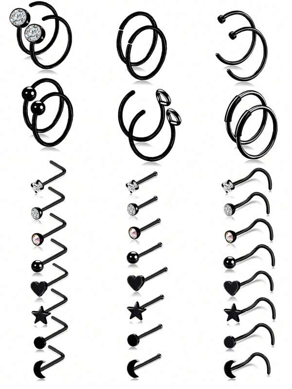 36 PCS 20G Stainless Steel L-Shaped Bone Pins Nose Ring CZ Gemstone Jewelry Tongue Pins Lip Rings Pierced Jewelry Suitable For Women's Daily Wear.