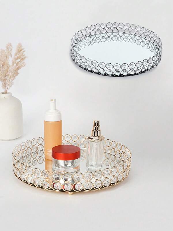 1pc Vanity Tray, 7.8" And 9.8" Round Mirror Tray Glass Bathroom Vanity Tray, Jewelry Organizer Tray Makeup Cosmetic Storage Box Home Decor Tray, Birthday Gift For Women