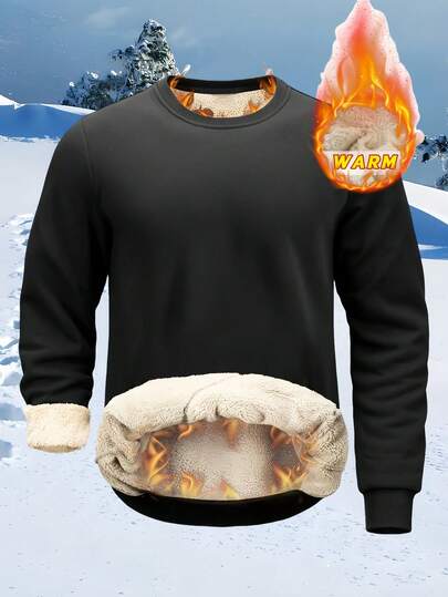 1pc Thermal Lined Warm Sweatshirt - Long Sleeve Crew Neck, Regular Fit, Suitable For Outdoor Activities And Winter Casual Wear, Machine Washable, Soft And Warm Lining, Durable, Classic Style, Ideal For Cold Weather