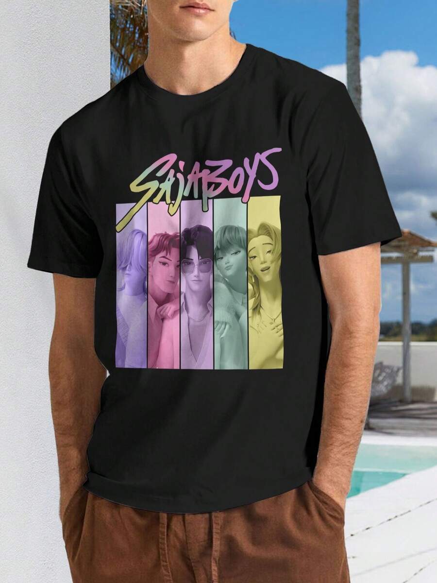 Saja Team K-Pop Demon Hunters Graphic T-Shirt - Black Tee With Pastel Purple/Pink/Teal Design - Heavyweight 180gsm Crewneck Shirt For Anime, Gaming & K-Pop Fans - Unisex Casual Apparel, Allseason Clothing, Retro Font Style, Durable Print, Nontransparent Material - màu đen - Xem 1