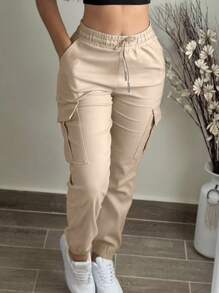 女士时尚休闲纯色简约口袋松紧腰抽绳工装裤