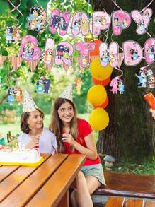 Bluey بنر خلفية صور حفلة عيد ميلاد كلب عائلة وأصدقاء بلويز مع أعلام ملونة هدايا