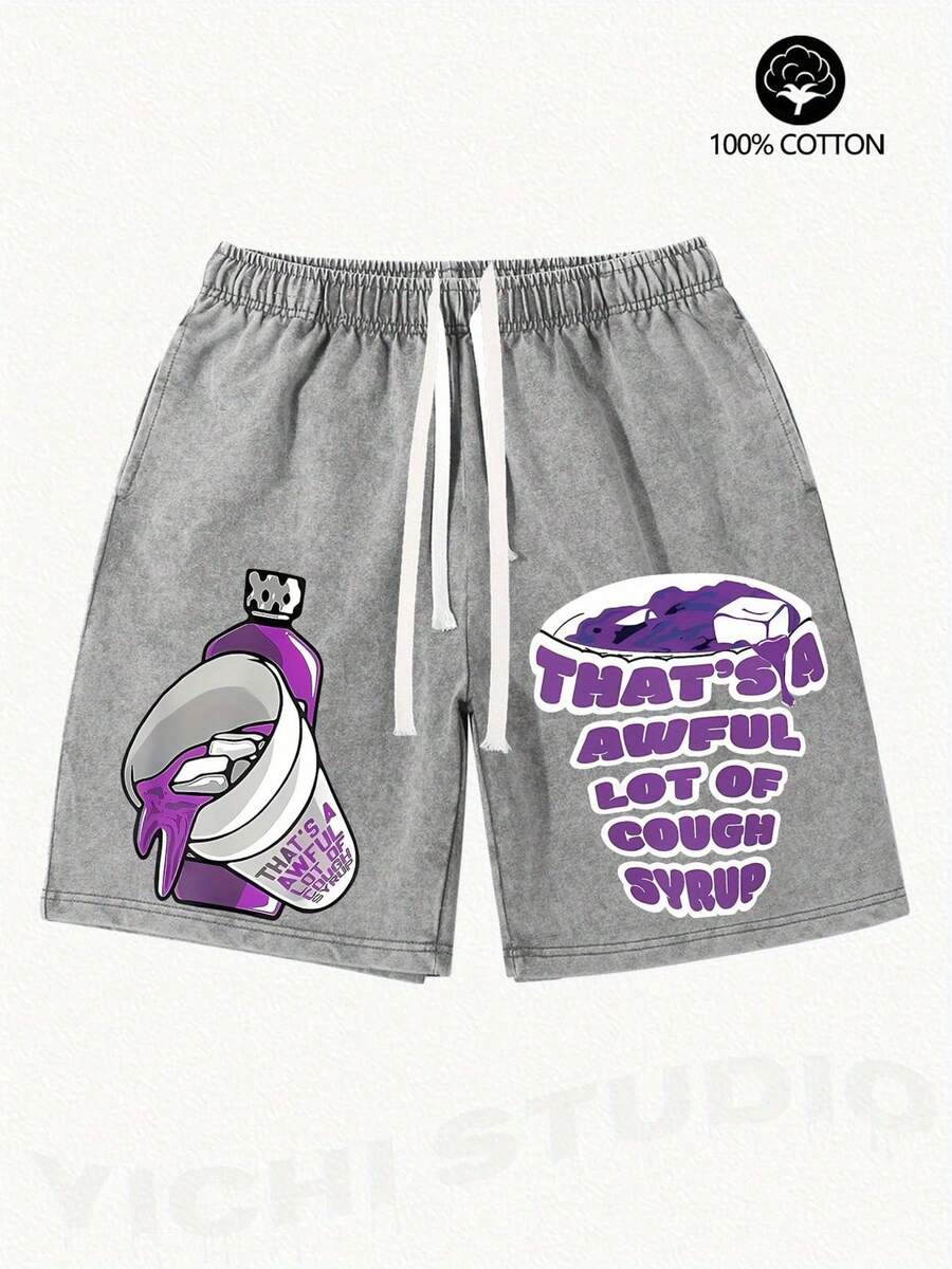 290g Washed Shorts, Purple Syrup Double-Sided Printed Summer Men's Retro Washed Casual Street Sports Shorts, Comfortable And Breathable, Suitable For Daily Wear, Adjustable Drawstring Waist Circumference, Elastic Waistband And Pocket - Xám - Xem 1