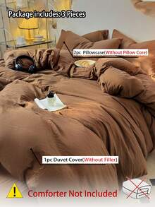 3pcs Solid Color Washed 100% Cotton Soft Bedding Set - Brown - View 9