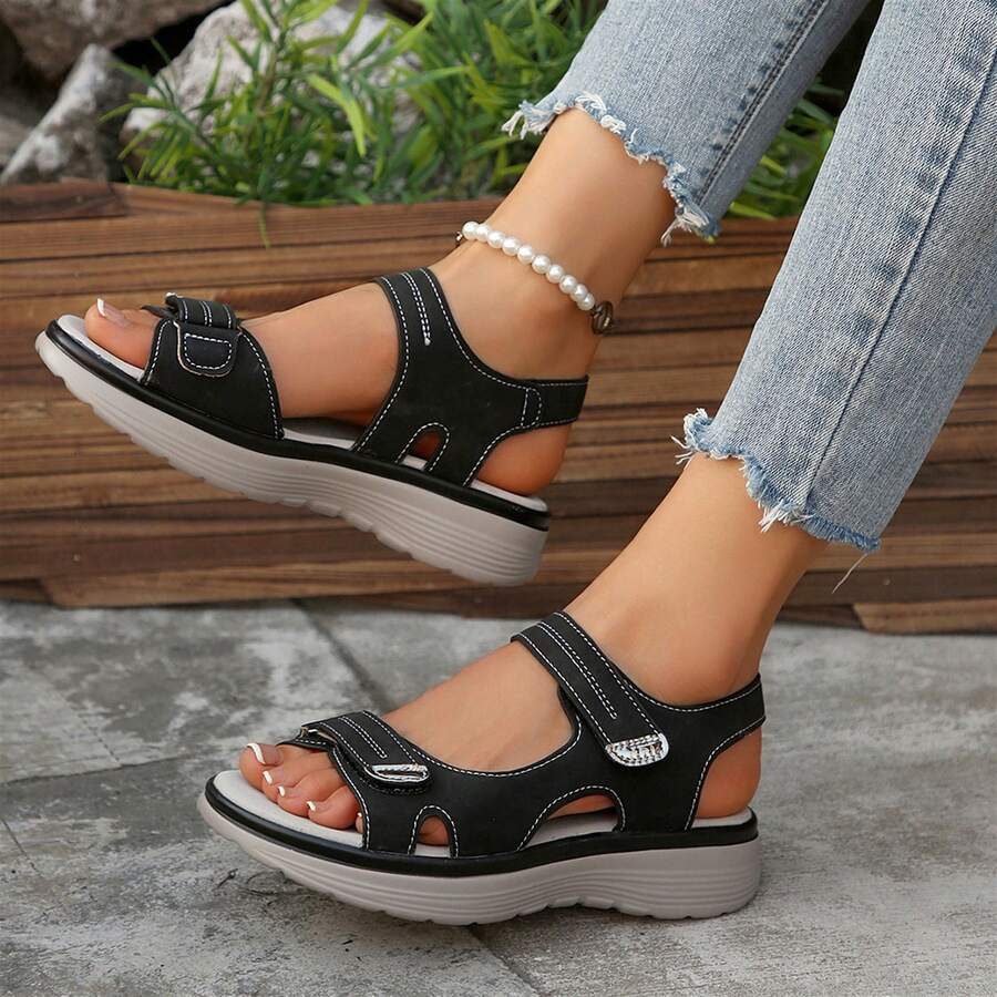 Women Flat Comfortable Sandals Open Toe Summer Adjustable Fashion Dress - màu đen - Xem 1