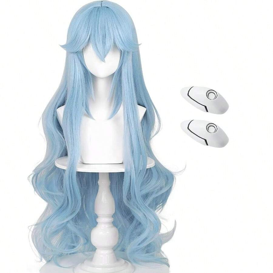 MCurly Ice Blue Wig For Cosplay + Hairpin Anime Long Light Blue Women Cosplay Costume Wigs Accories For Halloween Party + Wig Cap8001 - 藍捲曲 - 查看 1