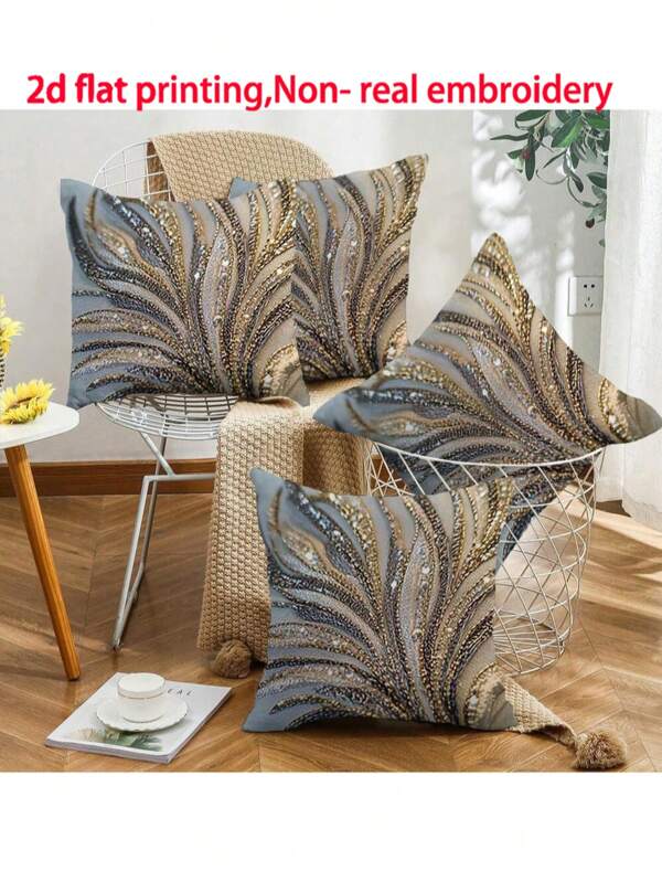 4pcs 18x18 Inch Modern Abstract Feather Design Pillow Covers - 2D Flat Print Fuzzy Pillow Shams With Zipper Closure, Mixed Colors, Suitable For Living Room, Bedroom, Office And Holiday Gifts (No Insert), Retro Pillowcase, Bedroom Decor, Modern Decor, Elegant Style, Shiny Texture, 2D Flat (Pillow Insert Not Included)