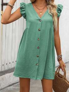 Women's Summer Mini Dress Solid Color Flutter Sleeve V-Neck Button Down Dress For Work, Beach