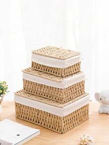 3pcs/2pcs/1pc Woven Storage Basket With Lid, Suitable For Storing Cosmetics, Keys, Snacks, Applicable For Living Room, Hallway, Home Decor, Craft Box, Wedding Gift Basket, Suitable For Back To School Season - Apricot - View 4