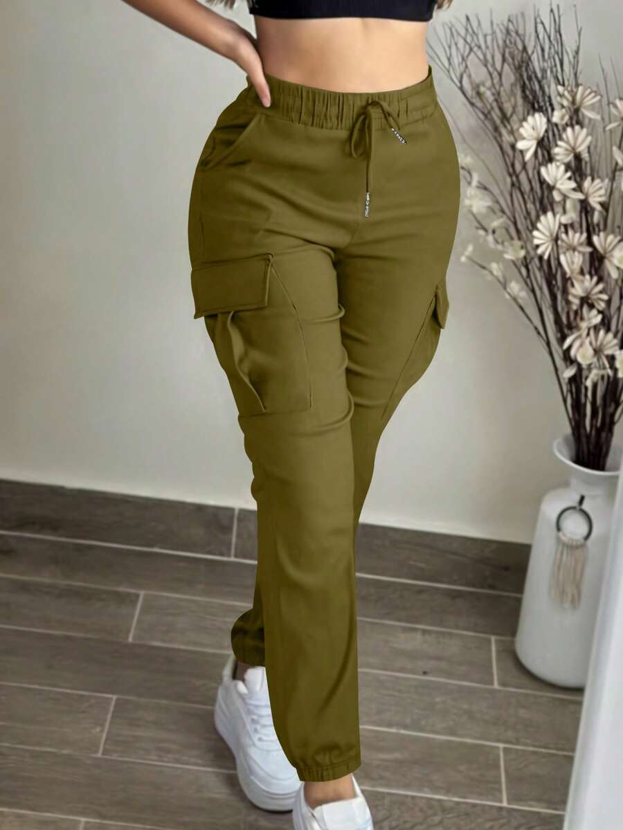 Fashionable Solid Color Casual Pocket Elastic Waist Drawstring Cargo Pants Spring - Olive Green - View 1