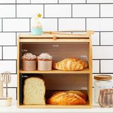 Bamboo Bread Bin With Rolling Shutter Door 2-Layer Bread Storage Box For Kitchen