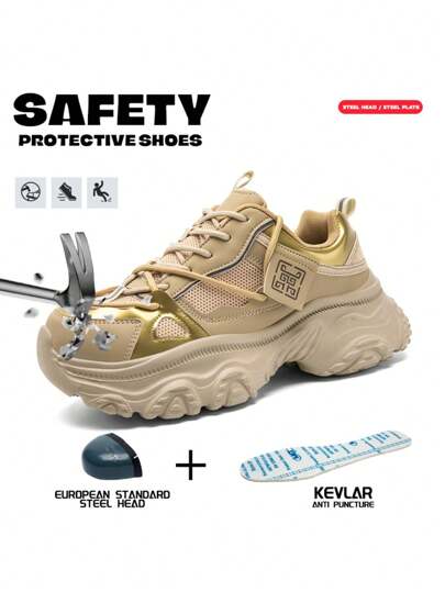 Women's New Safety Shoes, Anti-Smash And Anti-Puncture Steel Toe Shoes, Comfortable And Breathable Construction Site Protection Shoes, Work Casual Chunky Sneakers (Half Size Smaller)