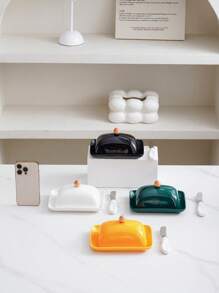 1 Set Ceramic Rectangular Covered Butter Dish With Stainless Steel Knife, Nordic Style Minimalist Solid Color Ceramic Butter Dish, Cheese Dish, Food Storage Container With Lid And Stainless Steel Knife