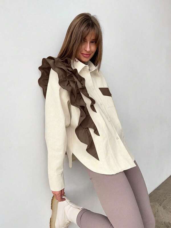 Chemisier à boutons et poches en couleur unie pour femmes