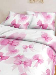 3件粉色蝴蝶结数码印花羽绒被套套装（1个羽绒被套+2个枕套，无填充物），适合房间装饰，日常使用，柔软亲肤的涤纶纤维，适用于卧室、主卧、客房、宿舍，四季皆宜