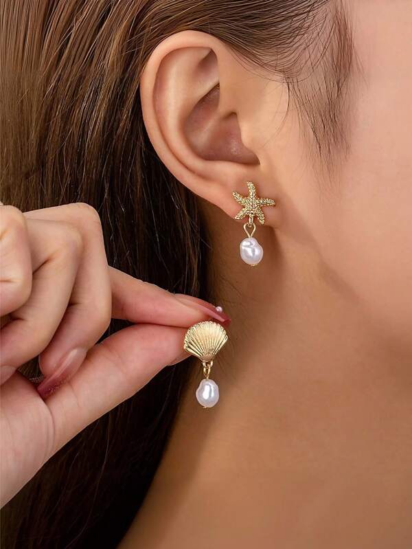 4-Piece Set Overseas Europe & America Summer New Arrival Elegant Metal Starfish & Pearl Tassel Dangle Earrings For Women, Resort Style