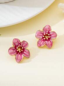 1 Pair Delicate Miniature Vacation Style Pink Enamel Flower Stud Earrings, Suitable For Women's Daily/Vacation/Date Wear
