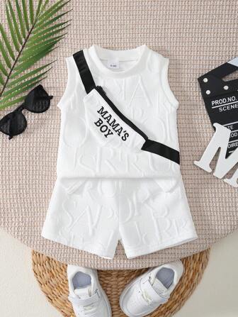 2pcs/Set Baby Boy Casual Minimalist Style White Letter Embroidery Zipper Pocket Sleeveless Top And White Shorts Set, Summer