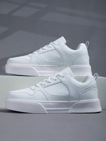 男士简约白色皮革拼接系带休闲滑板鞋，小众户外舒适百搭平底运动鞋