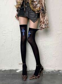 Y2K 风格十字印花拼色过膝袜，朋克破洞透明哥特洛丽塔过膝袜，适合日常搭配靴子穿着