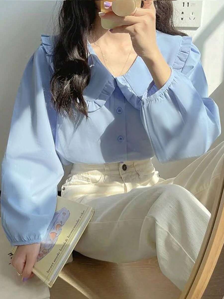 女士休闲优雅翻领衬衫，春夏款 - 藍色 - 查看 1