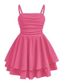 EXARUS Girls Flowy Ruffled Hem/Puff Bubble Dress Teen Ruched Summer Adjustable Spaghetti Strap Casual Cami Mini Dresses - 玫紅色 - 查看 1