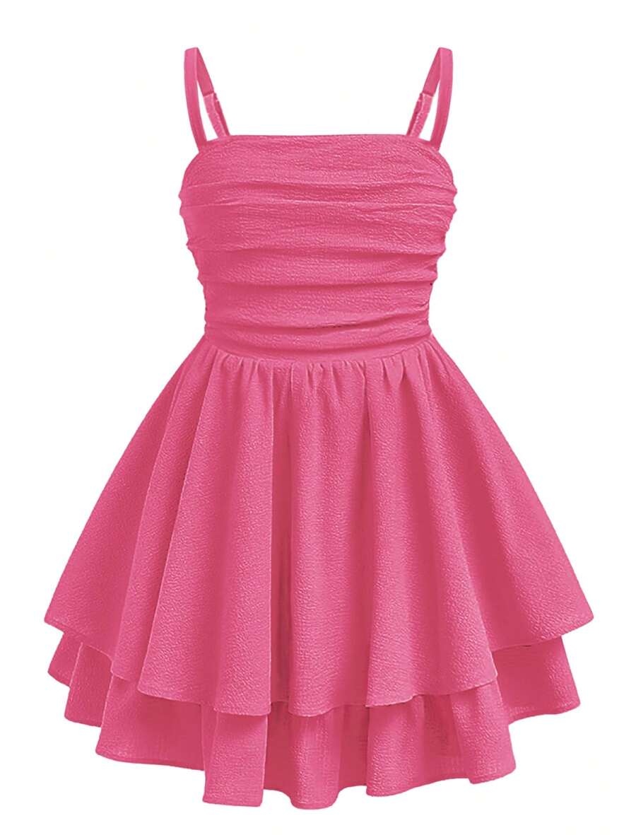 EXARUS Girls Flowy Ruffled Hem/Puff Bubble Dress Teen Ruched Summer Adjustable Spaghetti Strap Casual Cami Mini Dresses - 玫紅色 - 查看 1