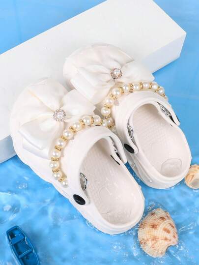 Girls' Fashion Solid Color EVA Sandals, Breathable Slip-On Sandals With Flower Chain And Pearl Design, Casual Indoor/Outdoor Beach Shoes, Suitable For All Seasons