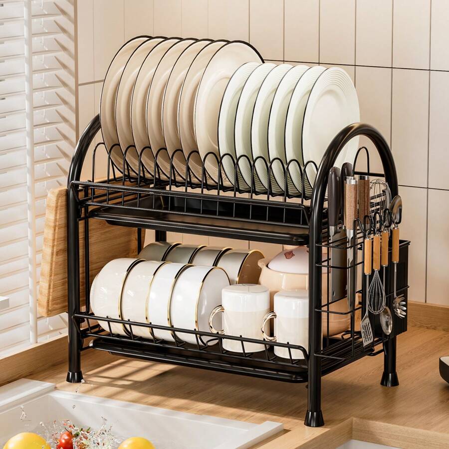 1 件多功能碗碟干燥架，厨房碗碟干燥架，带切菜板架，双层设计，餐具架和用具收纳架，节省空间的厨房收纳和储存