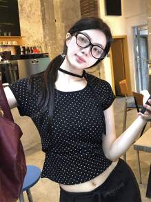 Women's Casual Lace-Up Neck Minimalist Polka Dot Print Slim Fit T-Shirt