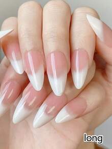 Juego de 24 uñas postizas de forma almendrada corta con degradado de colores nude y blanco lechoso. Incluye 1 bloque de pulido de uñas y 1 gel de gelatina - Multicolor - Ver 5