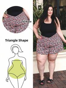 Truni Plus Size Boho Vacation Casual Short Ditsy Floral Tie-Waist Shorts, For Summer