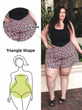Truni Shorts informales de verano de talla grande con cintura anudada y estampado floral pequeño en estilo bohemio