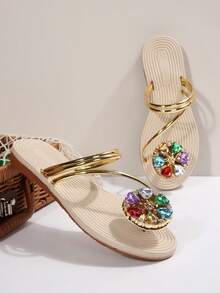 2025 新款时尚圆形装饰哑光平底女凉鞋，四季流行宝石度假风格欧美加大码简约趾环带拖鞋，轻质水钻侧条纹纯色橡胶鞋底 - 黃色 - 查看 3